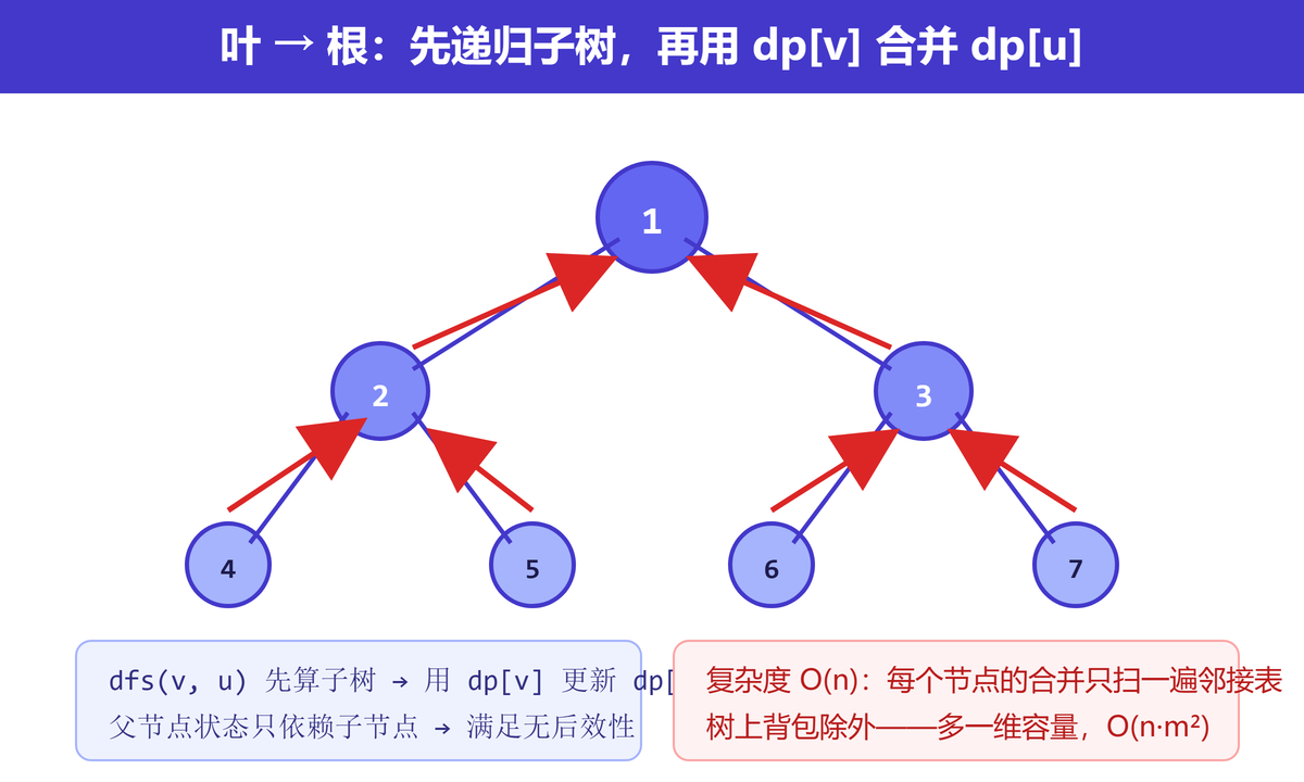 树形 DP 叶到根的自底向上合并示意