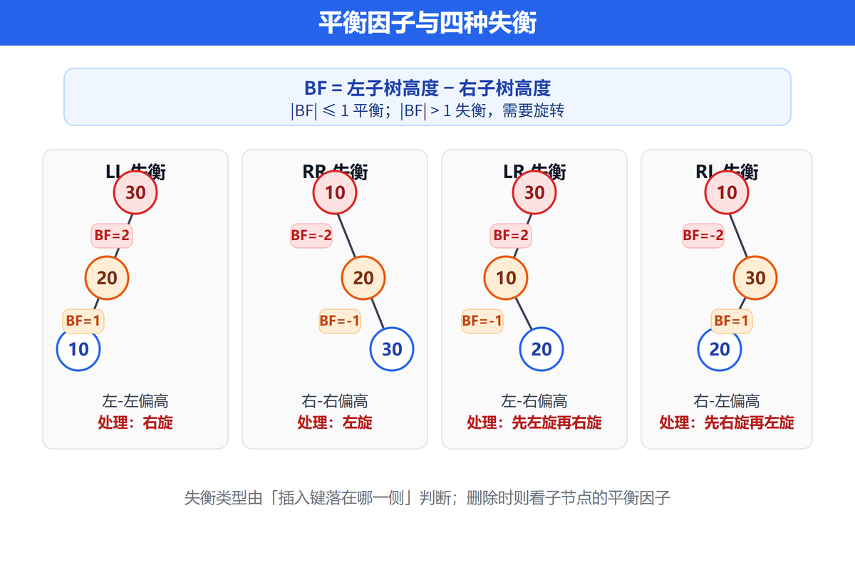 平衡因子与四种失衡类型：LL 右旋、RR 左旋、LR 与 RL 双旋