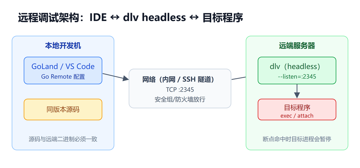 远程调试架构图：本地 IDE 通过调试协议连接服务器上的 dlv headless