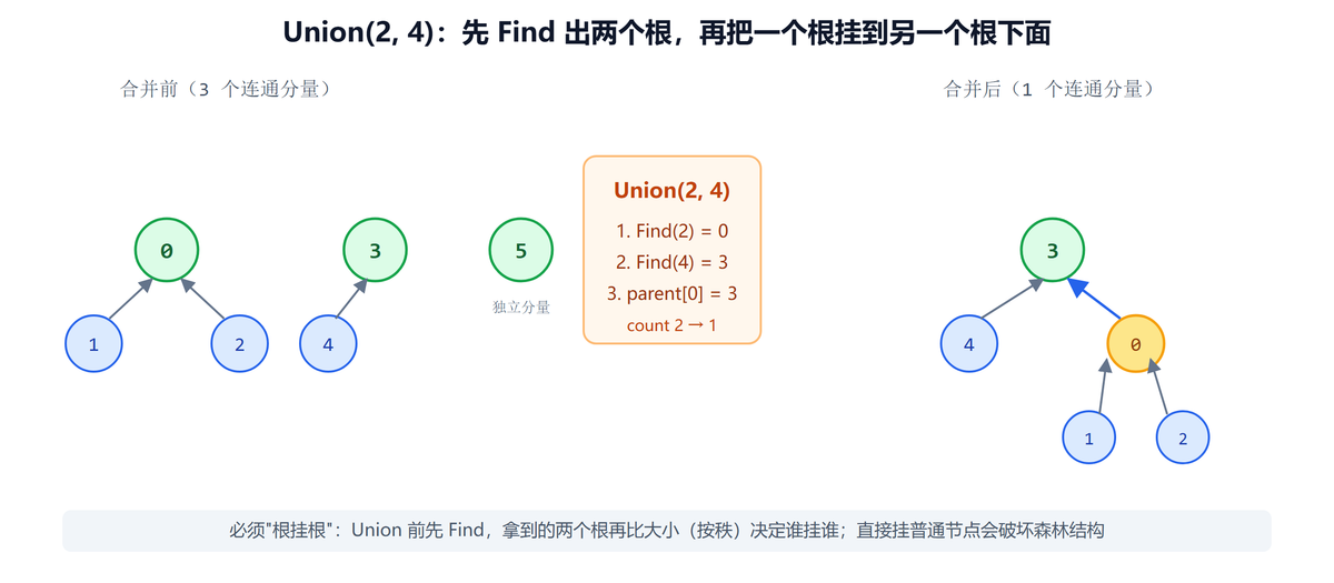 并查集Union操作：先Find根再根挂根